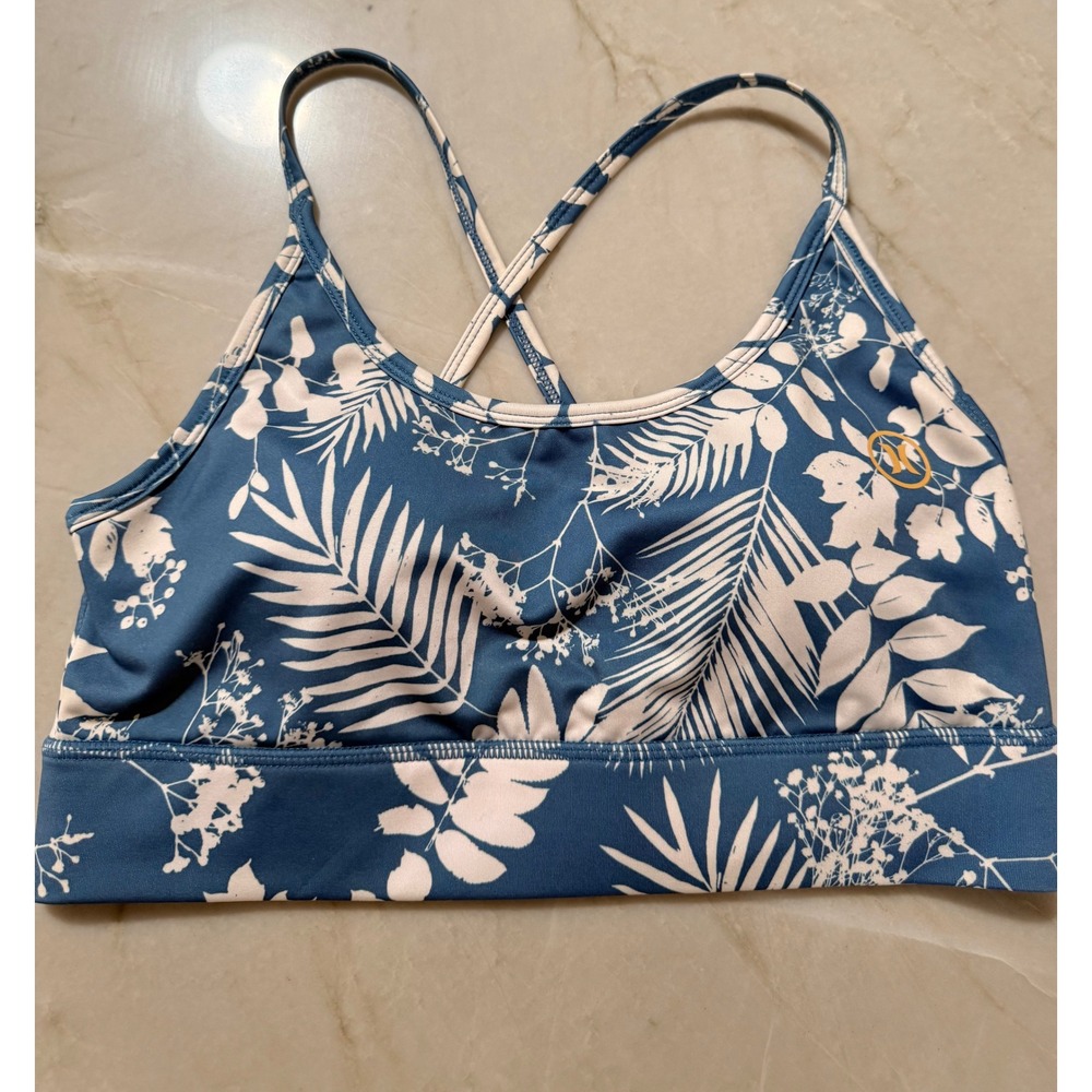 Hurley Womens Blue White Tropical Floral Print Sports Bra Cross Back Size S #86
